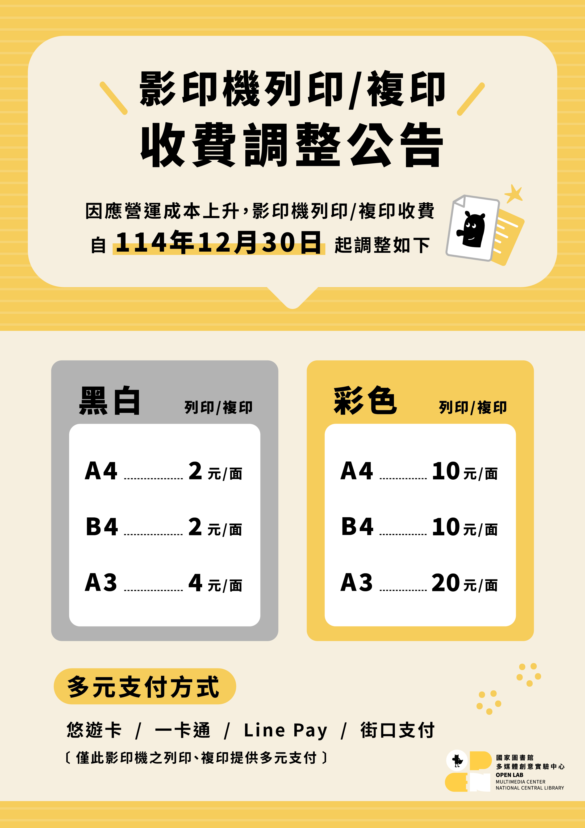 本中心影印機列/複印收費自114年12月30日起調整公告 - 封面